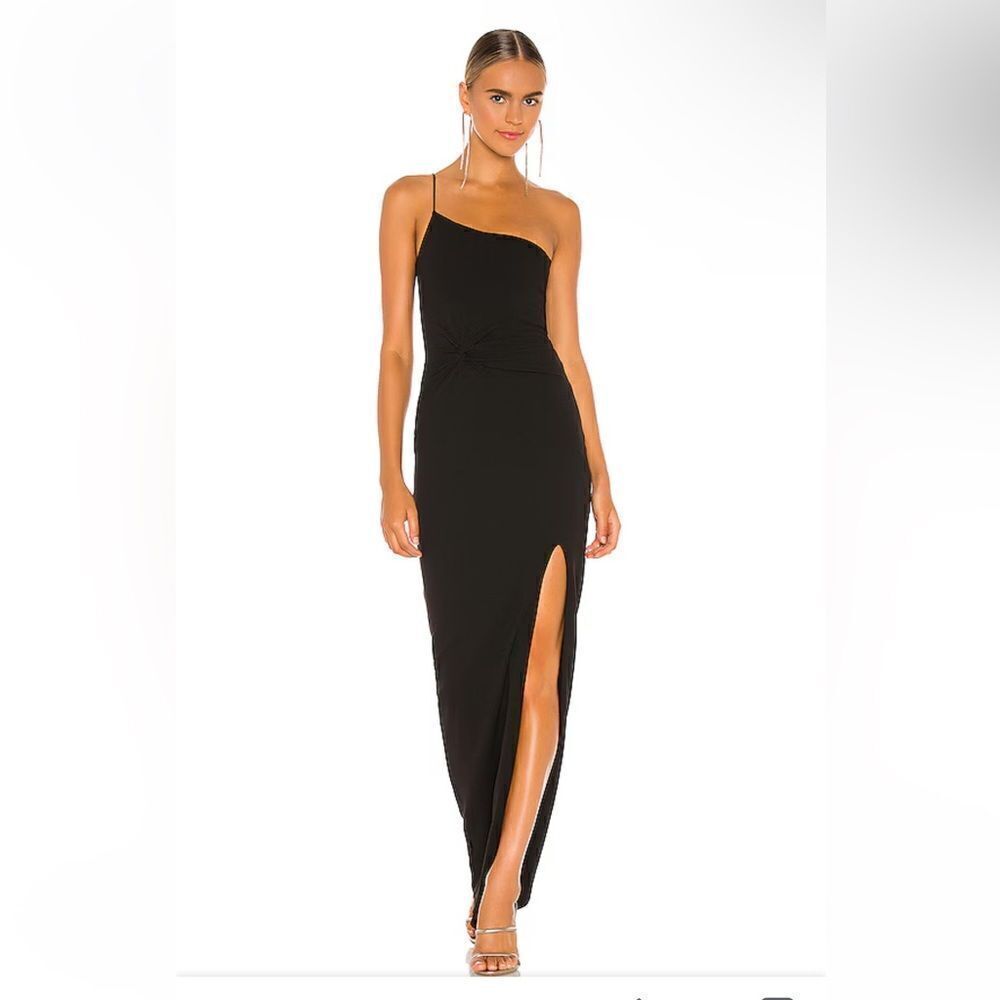 Nookie Lust Gown black one shoulder maxi dress front twist bodycon Revolve L